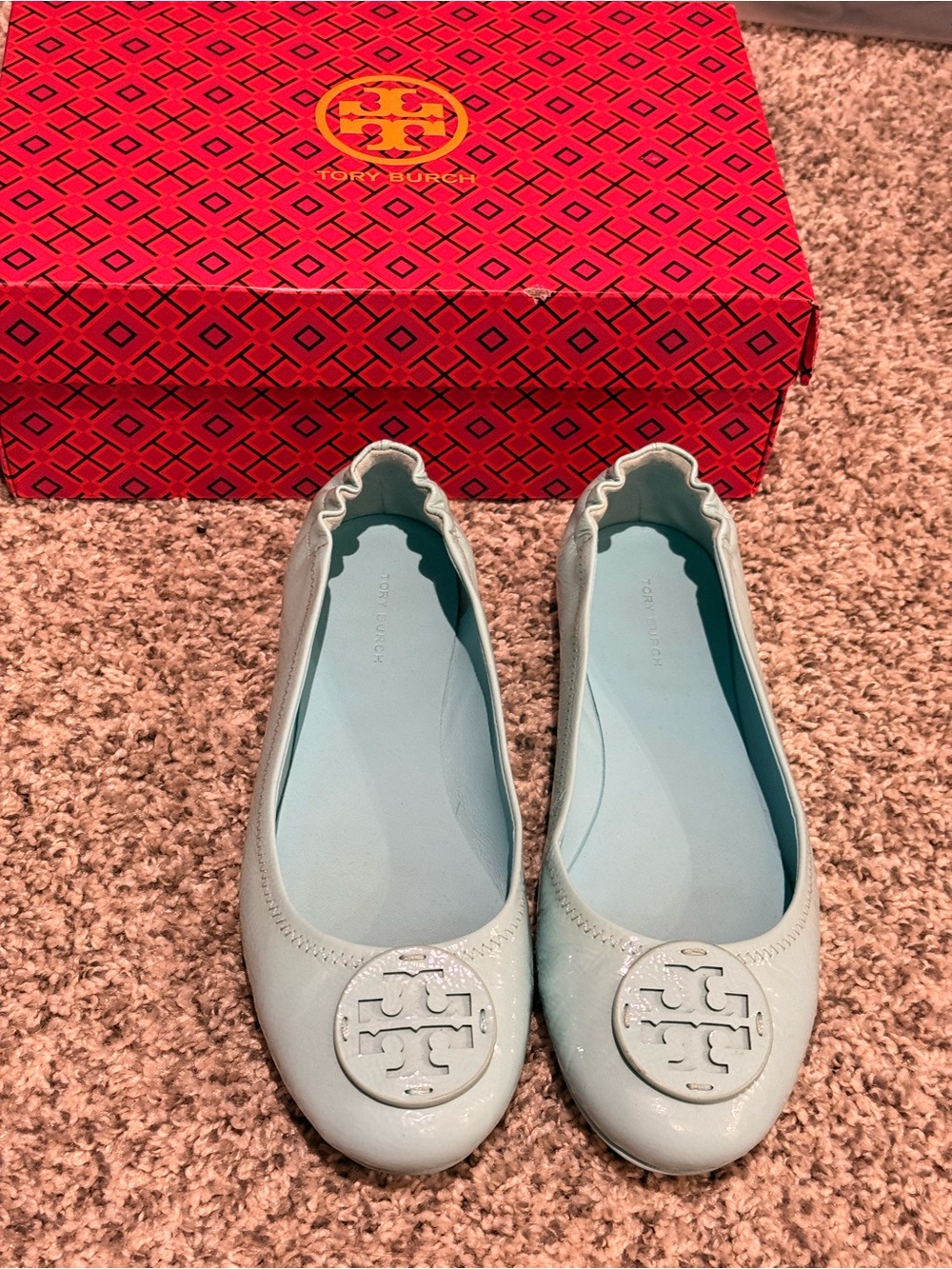 Tory Burch Baby Blue Patent Leather Logo Ballet Flats